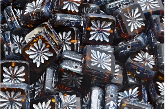 テーブルカットスクエアキウイビーズ、オレンジとブラウンのライン、トラバーチンシルバーライン（18016-86800-54301）、ガラス、チェコ共和国