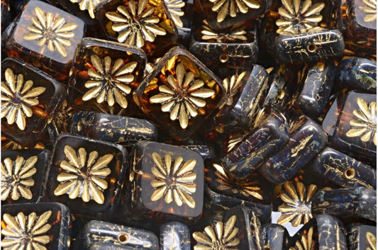 OUTLET 10 grams Table Cut Square Kiwi Beads, Orange With Brown Lines Travertin Gold Lined (18016-86800-54302), Glass, Czech Republic