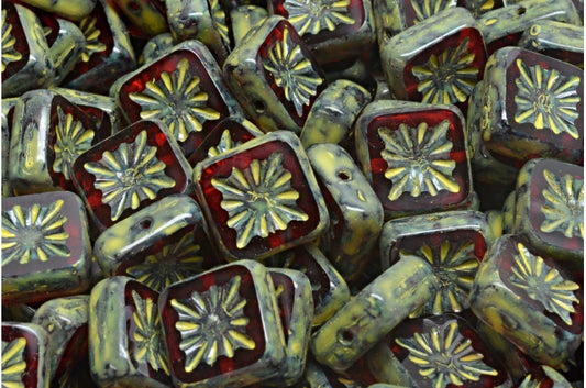 テーブルカットスクエアキウイビーズ、ルビーレッドトラバーチンベージュイエロースポット（90080-86800-33303）、ガラス、チェコ共和国