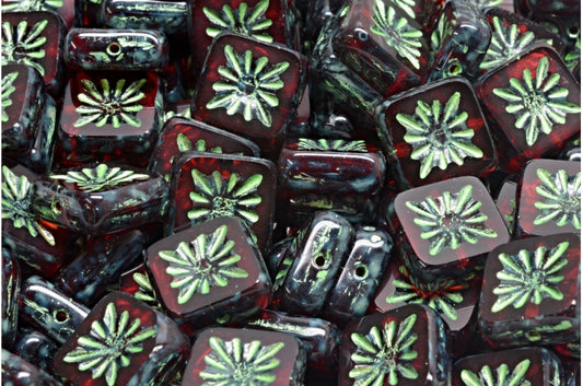 Table Cut Square Kiwi Beads, Ruby Red Travertin Green (90080-86800-43813), Glass, Czech Republic