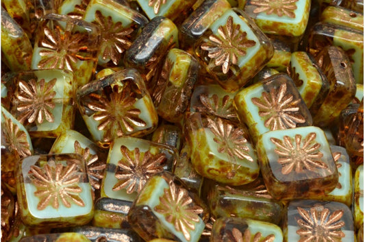 OUTLET 10g Table Cut Square Kiwi Beads, 10 x 10 mm, 56217 Travertin Copper Lined (56217-86800-54307), Glass, Czech Republic
