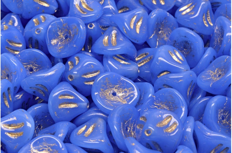 Daylily Flower Beads, Opal Blue Gold Lined (31000-54302), Glass, Czech Republic