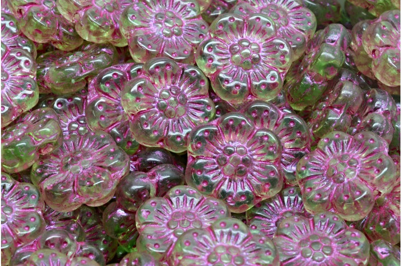 Boho Flower Beads, Transparent Green Pink Lined (50520-43807), Glass, Czech Republic