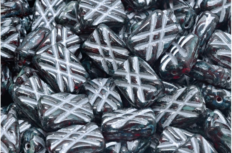 Designed Rectangle Beads, Ruby Red Travertin Silver Lined (90080-86800-54301), Glass, Czech Republic