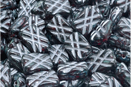 デザインされた長方形のビーズ、ルビーレッドのトラバーチン、シルバーの裏地（90080-86800-54301）、ガラス、チェコ共和国