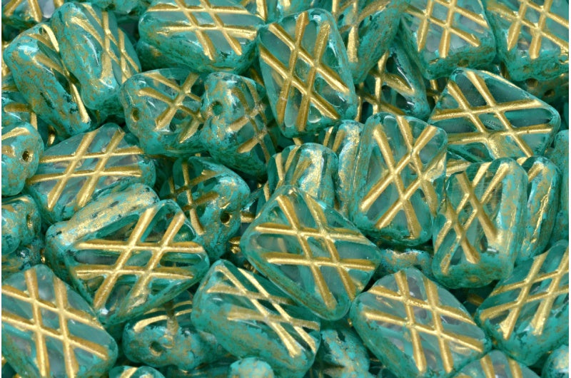 Table Cut Designed Rectangle Beads, Crystal Turqouise Spotted Gold Lined (00030-33310-54302), Glass, Czech Republic