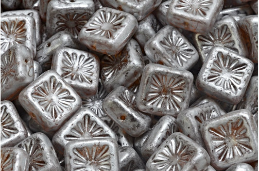 Squared Kiwi Beads, Transparent Brown Silver Splash (10100-86700), Glass, Czech Republic