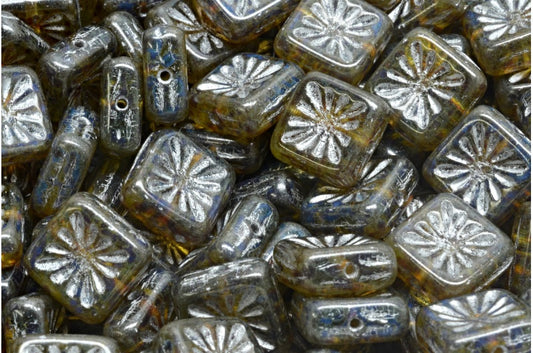Squared Kiwi Beads, Transparent Green Travertin Silver Lined (50500-86800-54301), Glass, Czech Republic