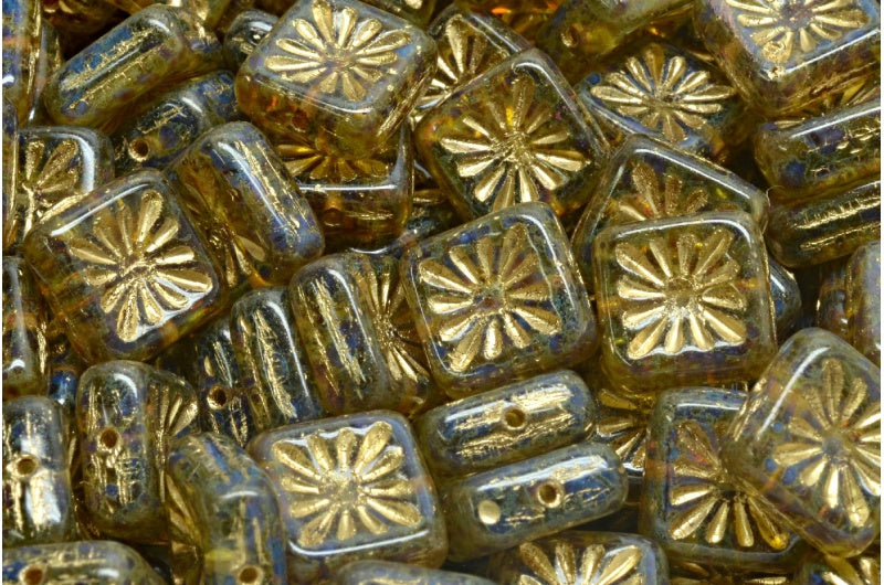 方形奇异果珠，透明绿色洞石金边（50500-86800-54302），玻璃，捷克共和国