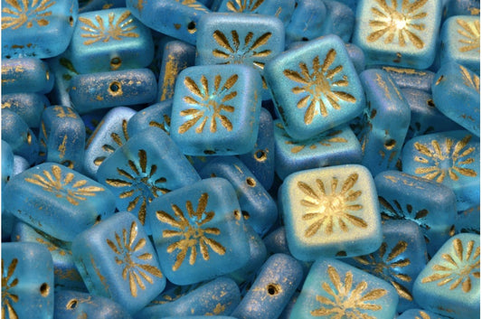 スクエアキウイビーズ、透明アクアマットABゴールドライン（60020-84100-28701-54302）、ガラス、チェコ共和国