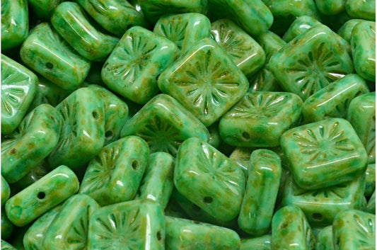 Squared Kiwi Beads, Opaque Green Travertin Light Turquoise (54020-86800-34309), Glass, Czech Republic