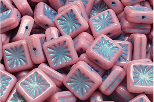 Squared Kiwi Beads, Opaque Pink Light Blue Lined (74010-54308), Glass, Czech Republic