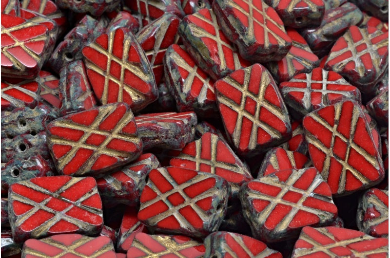 テーブルカットデザインの長方形ビーズ、不透明レッドトラバーチン、ゴールドライニング（93200-86800-54302）、ガラス、チェコ共和国