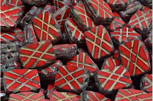 Table Cut Designed Rectangle Beads, Opaque Red Travertin Gold Lined (93200-86800-54302), Glass, Czech Republic