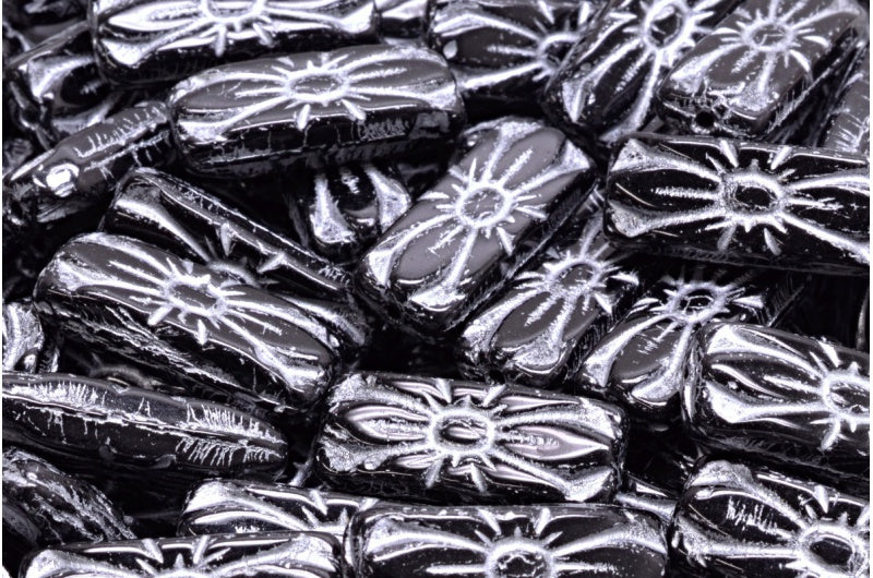 Flower Rectangle Beads, Black Silver Lined (23980-54301), Glass, Czech Republic