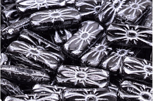 Flower Rectangle Beads, Black Silver Lined (23980-54301), Glass, Czech Republic