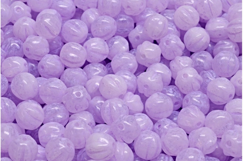 Melon Beads, White Cold Purple Spotted (R0201-33305), Glass, Czech Republic