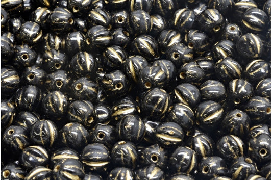 Melon Beads, Black Gold Lined (23980-54302), Glass, Czech Republic