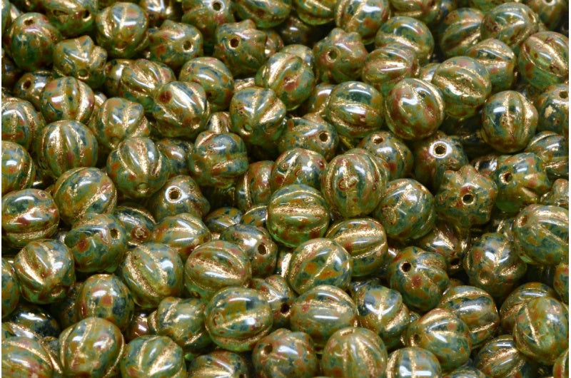 Melon Beads, Transparent Aqua Travertin Gold Lined (60200-86800-54302), Glass, Czech Republic