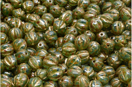 メロンビーズ、透明アクアトラバーチンゴールドライニング（60200-86800-54302）、ガラス、チェコ共和国