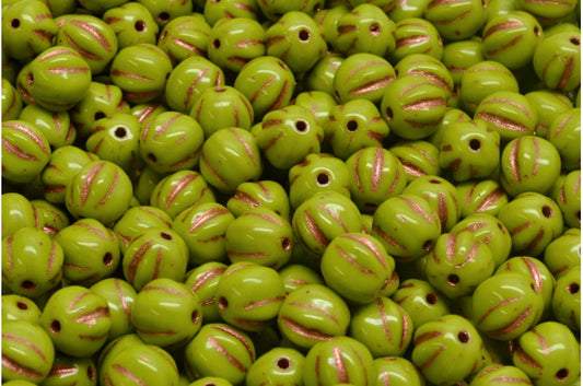 Melon Beads, Opaque Green Copper Lined (53410-54307), Glass, Czech Republic