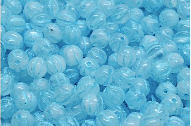 Melon Beads, White Light Blue Lined (R0201-54308), Glass, Czech Republic