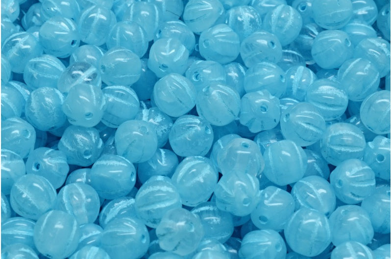 Melon Beads, R0632 Light Blue Lined (R0632-54308), Glass, Czech Republic