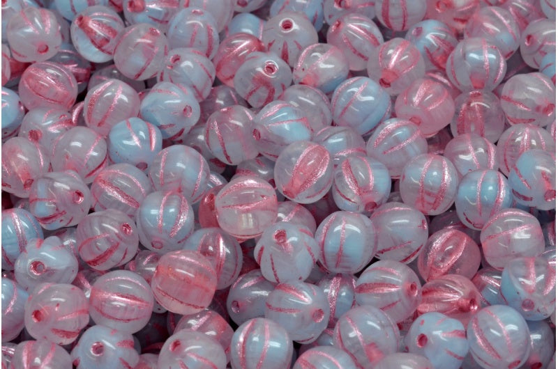 Melon Beads, R0632 Pink Lined (R0632-54321), Glass, Czech Republic