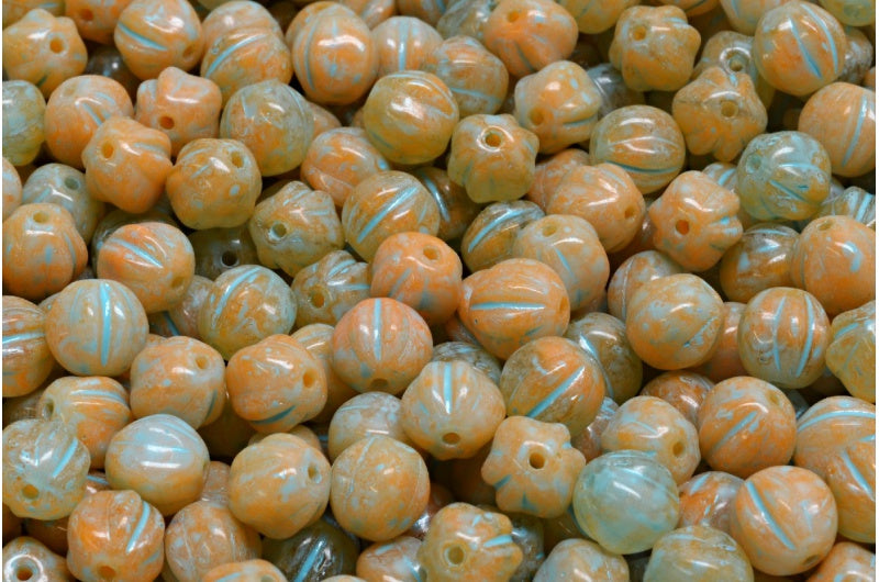Melon Beads, Orange Turqouise Spotted (R0912-33309), Glass, Czech Republic