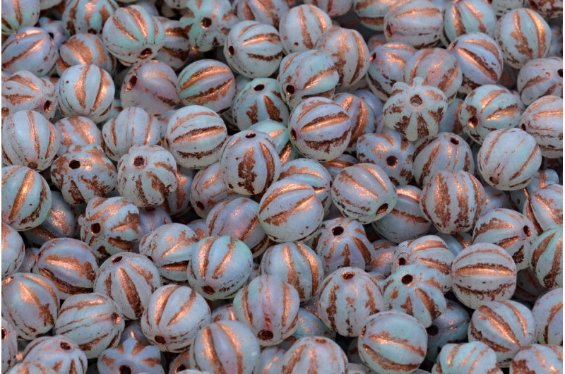 Melon Beads, White Teal Matte Copper Lined (R2613-84100-54319), Glass, Czech Republic