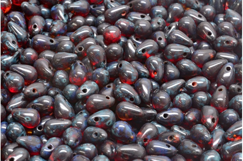 ドロップビーズ、ルビーレッド透明ライトトパーズイエロートラバーチン（90080-10020-86800）、ガラス、チェコ共和国