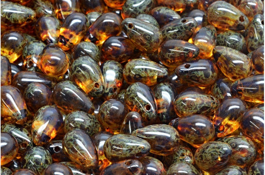 Drop Beads, Transparent Yellow Transparent Brown Travertin (80120-10100-86800), Glass, Czech Republic