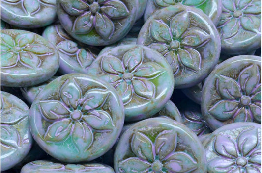 Flower Coin Beads, Turquoise Travertin Cold Purple Spotted (63130-86800-33305), Glass, Czech Republic