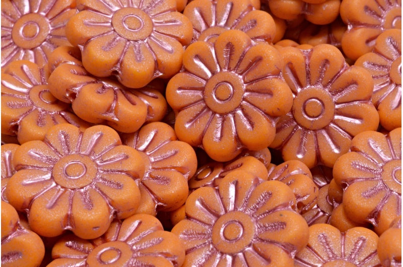 Daisy Flower Bead, Opaque Yellow Matte Pink Lined (93120-84100-54321), Glass, Czech Republic