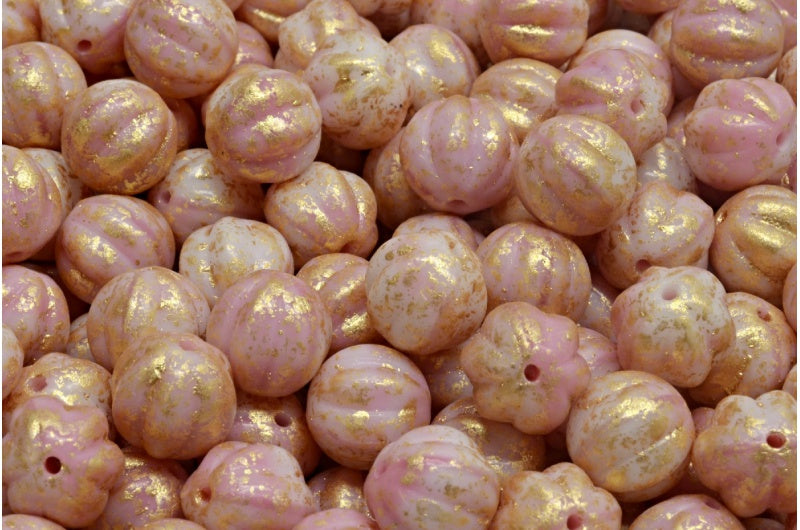 Melon Beads, Pink Gold Splash (07724-94401), Glass, Czech Republic