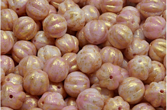 Melon Beads, Pink Gold Splash (07724-94401), Glass, Czech Republic
