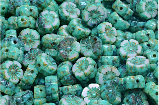 Table Cut Hawaii Flower Beads, White Transparent Light Amethyst Travertin Turqouise Spotted (02010-20310-86800-33310), Glass, Czech Republic