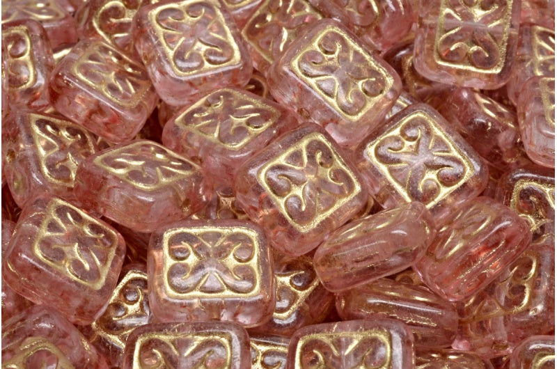 装飾クッションビーズ、クリスタルゴールドライン入りライトピンク（00030-54302-34304）、ガラス、チェコ共和国