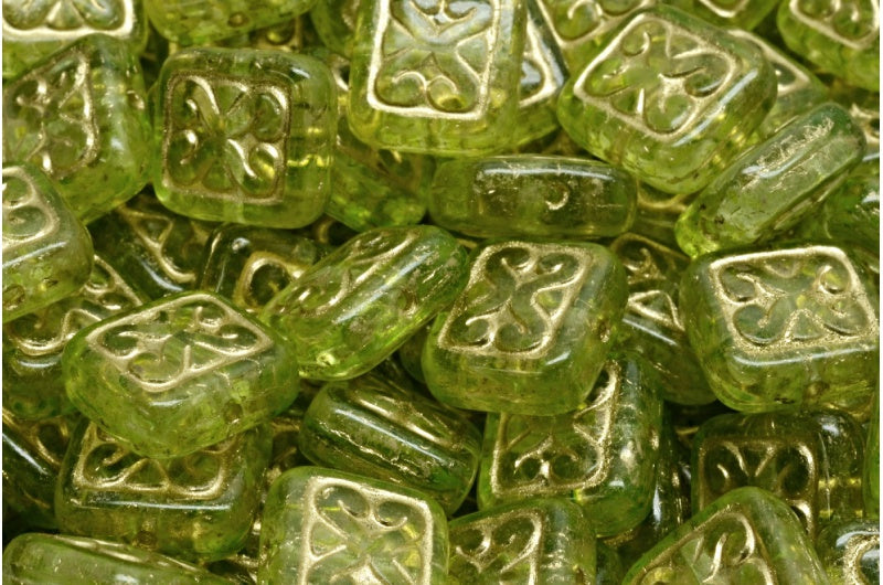 Ornamental Cushion Beads, Crystal Gold Lined Light Green (00030-54302-34310), Glass, Czech Republic