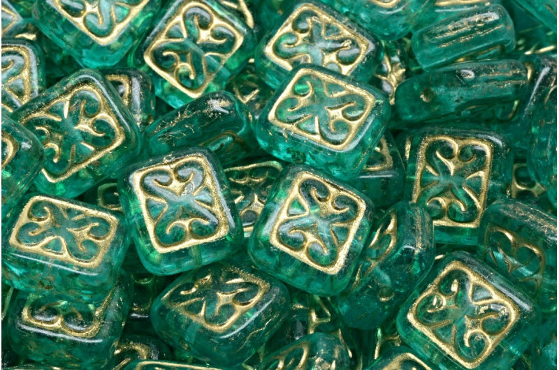 Ornamental Cushion Beads, Crystal Gold Lined Light Turquoise (00030-54302-34309), Glass, Czech Republic
