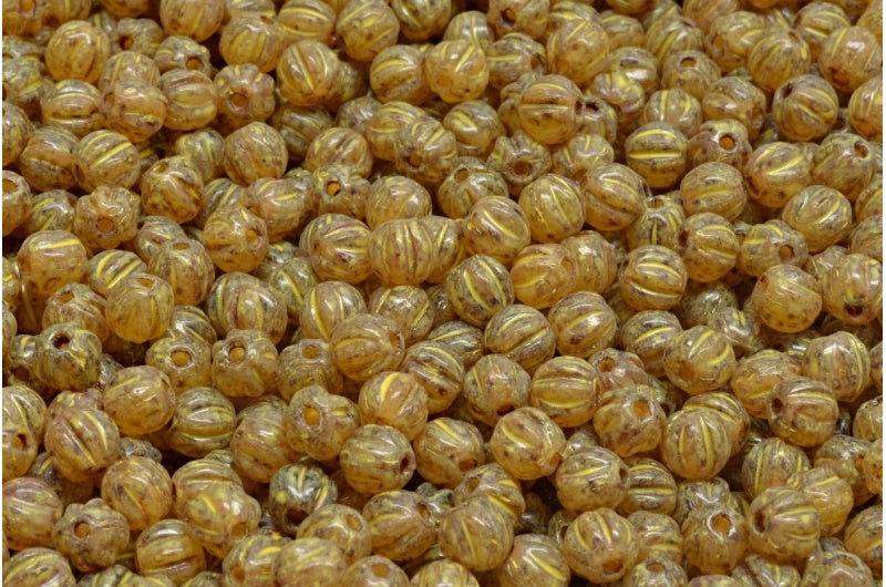 Melon Beads, Crystal Travertin Beige Yellow Spotted (00030-86800-33303), Glass, Czech Republic