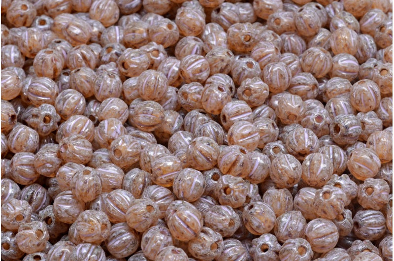 Melon Beads, Crystal Travertin Cold Purple Spotted (00030-86800-33305), Glass, Czech Republic