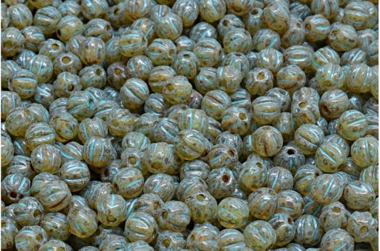 Melon Beads, Crystal Travertin Turqouise Spotted (00030-86800-33309), Glass, Czech Republic