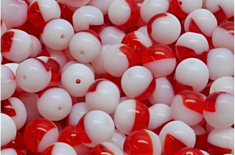 Round Druck Beads, Ruby Red Chalk White (90080-03000), Glass, Czech Republic