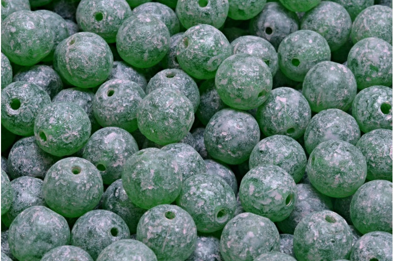 Round Druck Beads, Emerald Green Etched Warm Purple Spotted (50120-etch-33304), Glass, Czech Republic