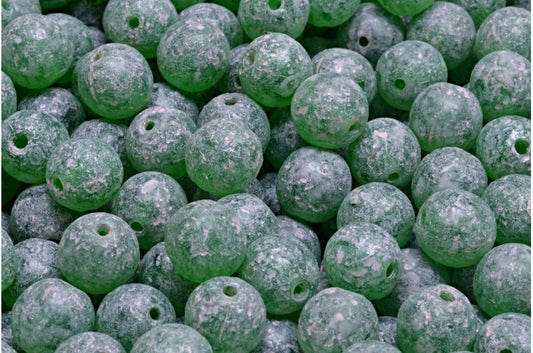 Round Druck Beads, Emerald Green Etched Warm Purple Spotted (50120-etch-33304), Glass, Czech Republic