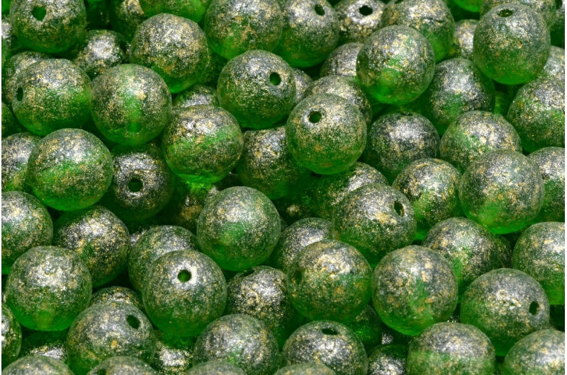 Round Druck Beads, Emerald Green Etched Light Yellow (50120-etch-34302), Glass, Czech Republic