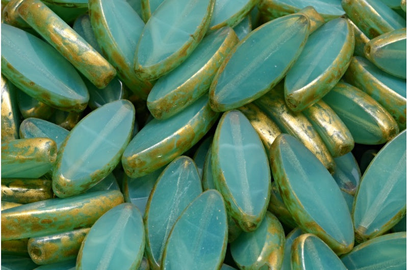 Table Cut Ship Flat Beads, Transparent Aqua Gold Splash (60120-86720), Glass, Czech Republic