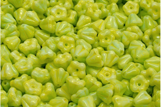 Bell Flower Beads, Light Green Beige Yellow Spotted (07524-33303), Glass, Czech Republic