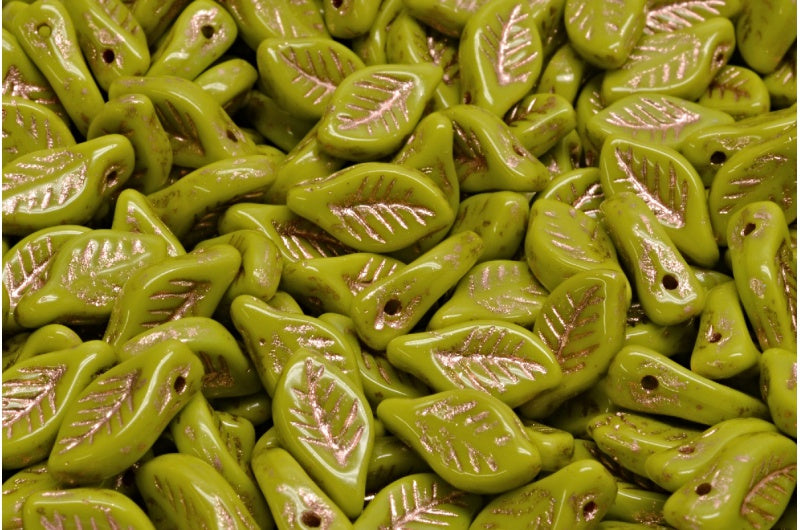 Bay Leaf Beads, Opaque Green Copper Lined (53400-54307), Glass, Czech Republic